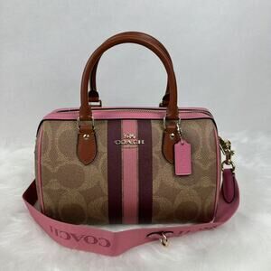 Coach Rowan Satchel Bag In Signature Canvas With Stripe Print In Tan CBI78 NWT